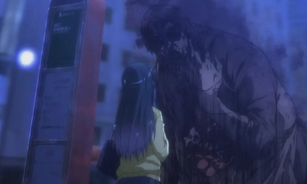 Screenshot di Mieruko-Chan, la protagonista ha un incontro ravvicinato con un fantasma