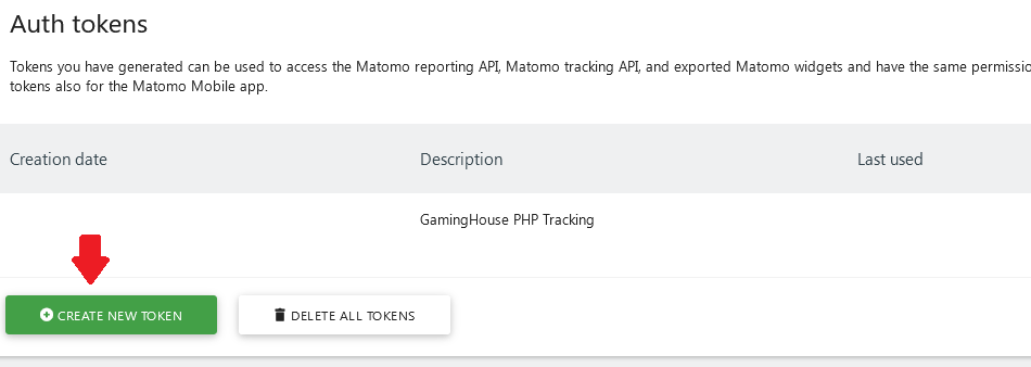 Create a new Auth Token on Matomo