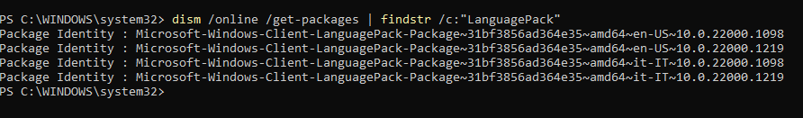 Lista pacchetti lingua installati su Windows