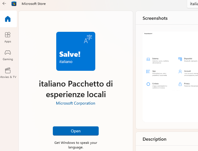 Microsoft Store: pacchetto lingua in italiano