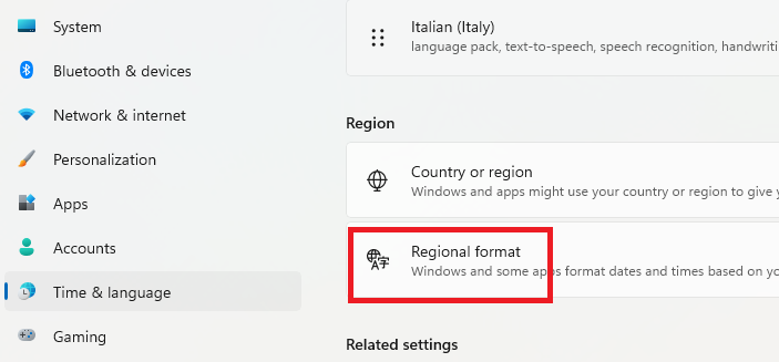 Formato regionale della lingua su Windows 11