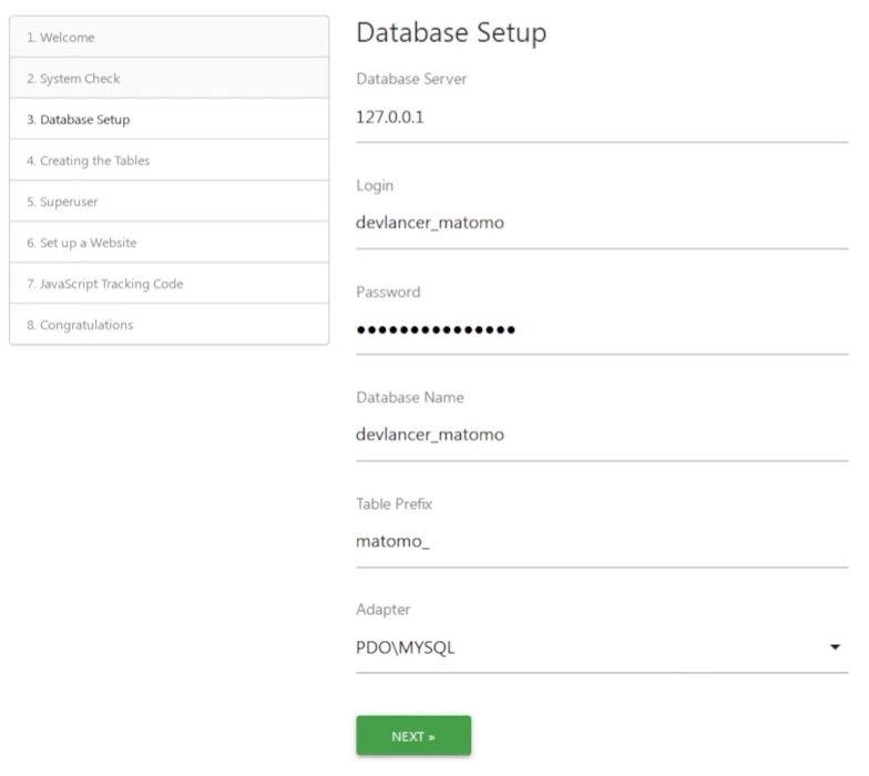 Third step: database configuration